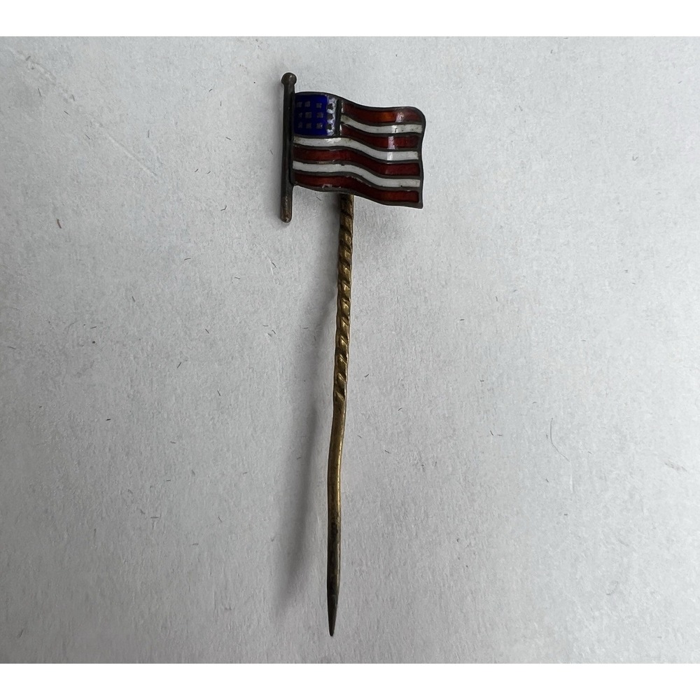 Vintage Enamel American Flag Stick Lapel Pin Tie Tack Antique